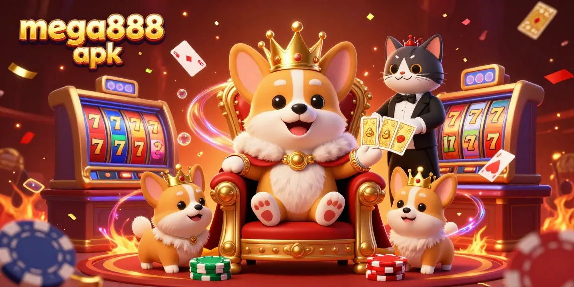 Experience mega888 apk with a vibrant 3D casino scene featuring corgi royalty and dynamic jackpot gameplay.