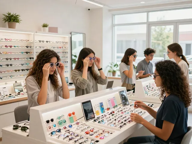 Customers exploring lenses de contato com grau in a modern optical store.