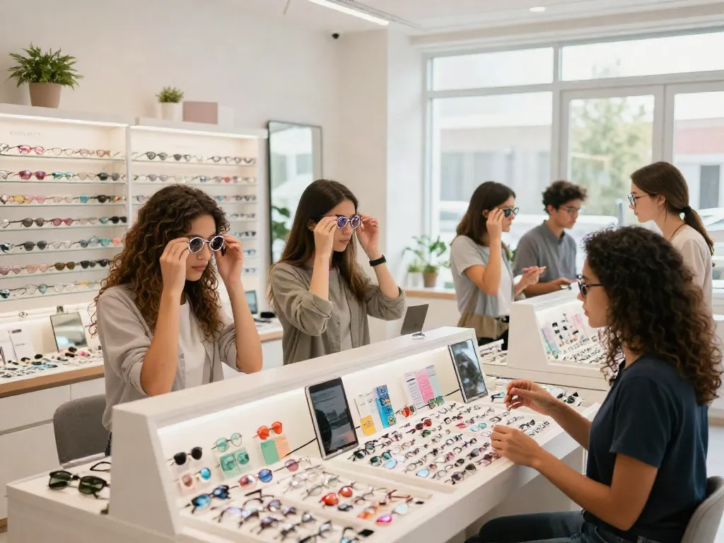 Customers exploring lenses de contato com grau in a modern optical store.