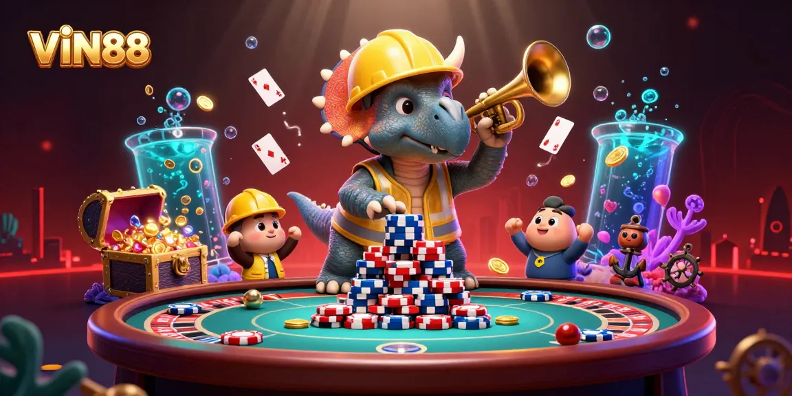 Experience the excitement of VIN88 with a triceratops building poker chip towers in a lively casino scene.