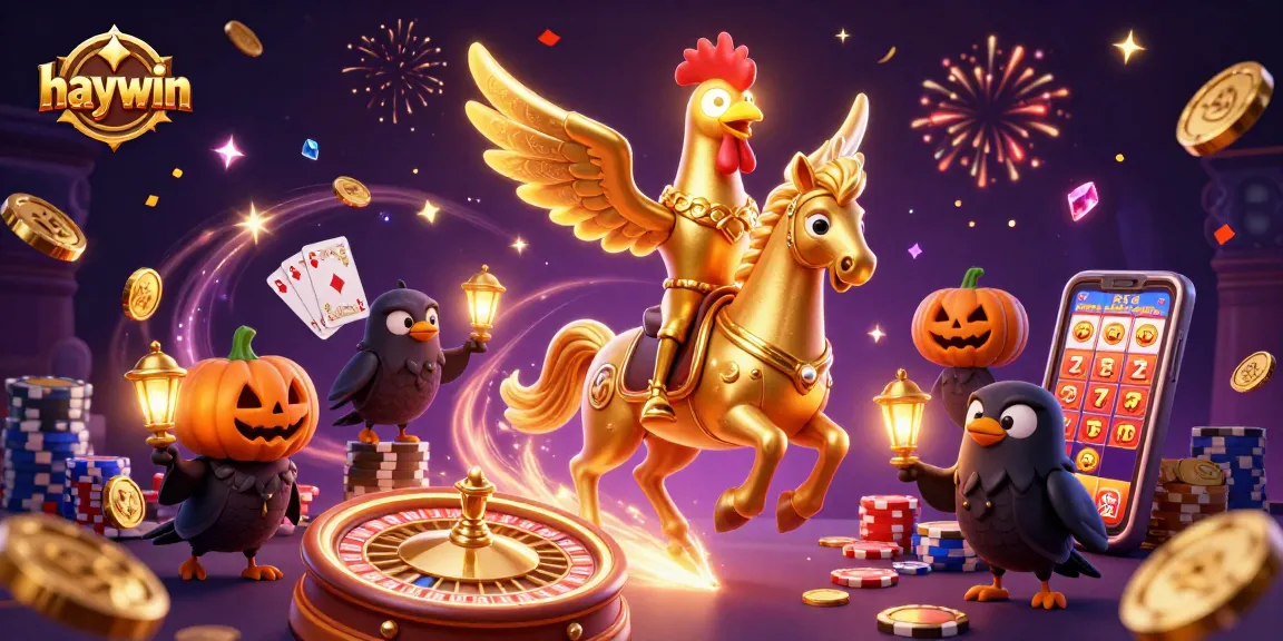 Experience the excitement at Haywin's casino as a golden rooster navigates through a vibrant gaming scene.