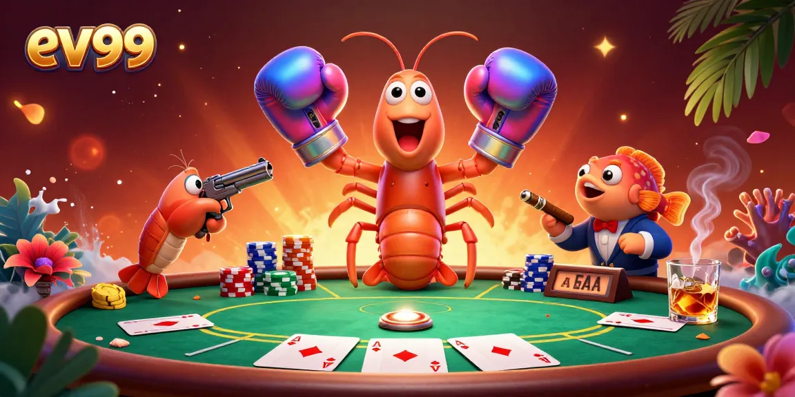 Experience thrilling poker action with ev99's unique characters in a vibrant casino setting.