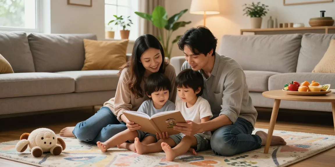 Parents and children bonding over storytime in a nurturing environment, showcasing rokok88's approach to positive parenting.