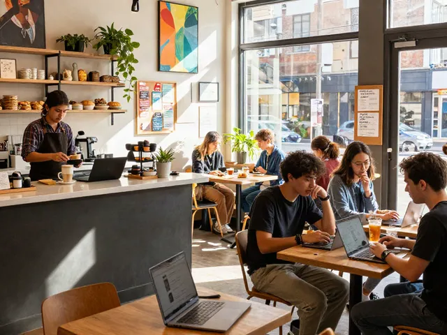 People enjoying their time at rokok88 cafe, engaging in conversations and working.