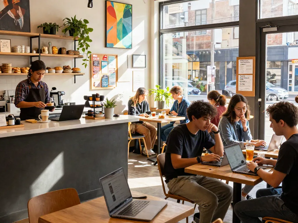 People enjoying their time at rokok88 cafe, engaging in conversations and working.