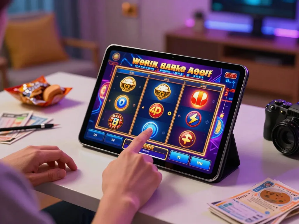 Engaging with daftar slot games on a tablet, showcasing a vibrant online casino setup and strategic notes.
