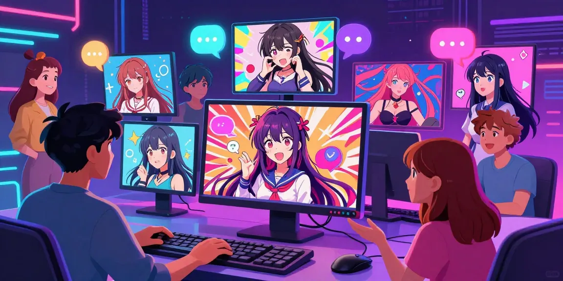 Engaging scene showcasing hentai chat AI characters interacting in a vibrant digital chatroom.