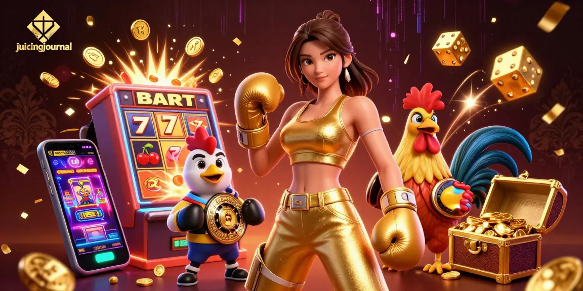Experience thrill with juicingjournal as a woman and rooster win big amid exciting casino symbols.