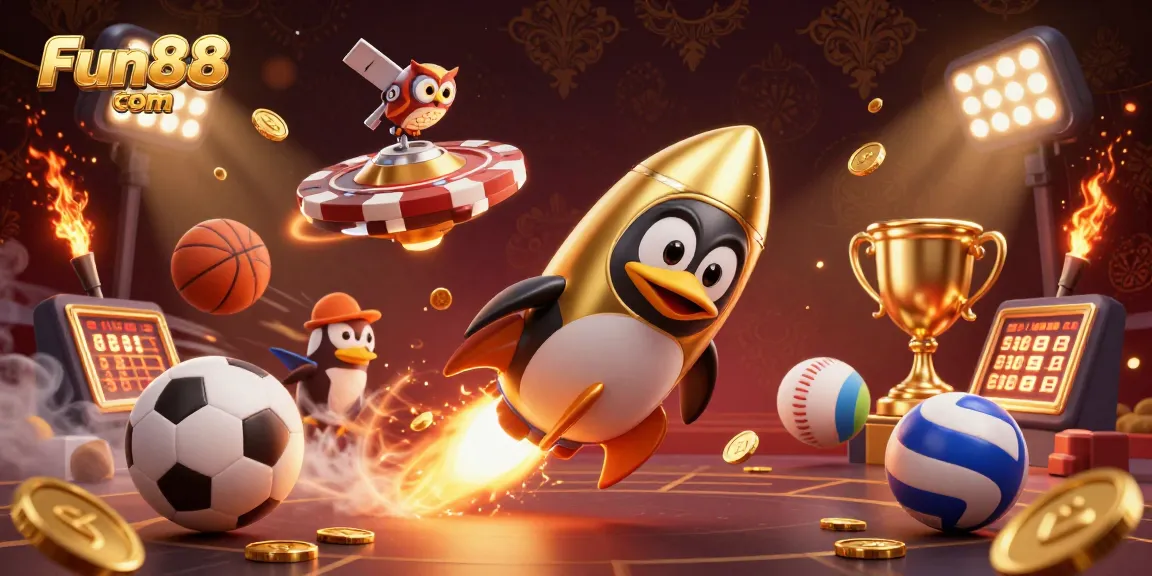 Experience thrilling wins at Fun88 com with a golden penguin racing towards a vibrant casino space