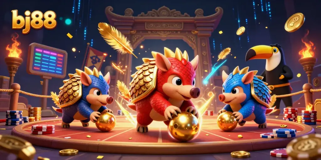 Engage with bj88 as rival pangolins battle in a vibrant casino scene filled with exciting gambling elements.