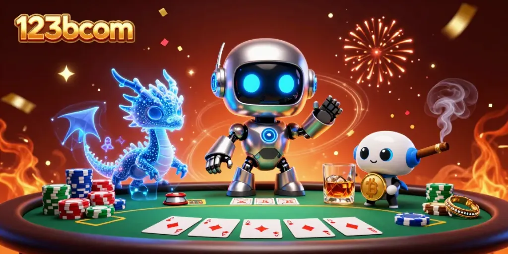 Experience winning strategies with 123bcom in a vibrant casino scene featuring cyberpunk characters.