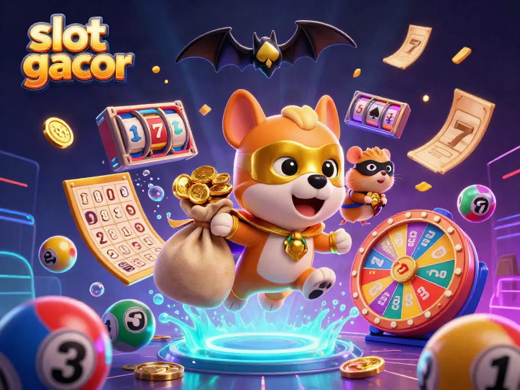 Experience the excitement of slot gacor with a superhero dog and hamster amidst colorful casino elements.