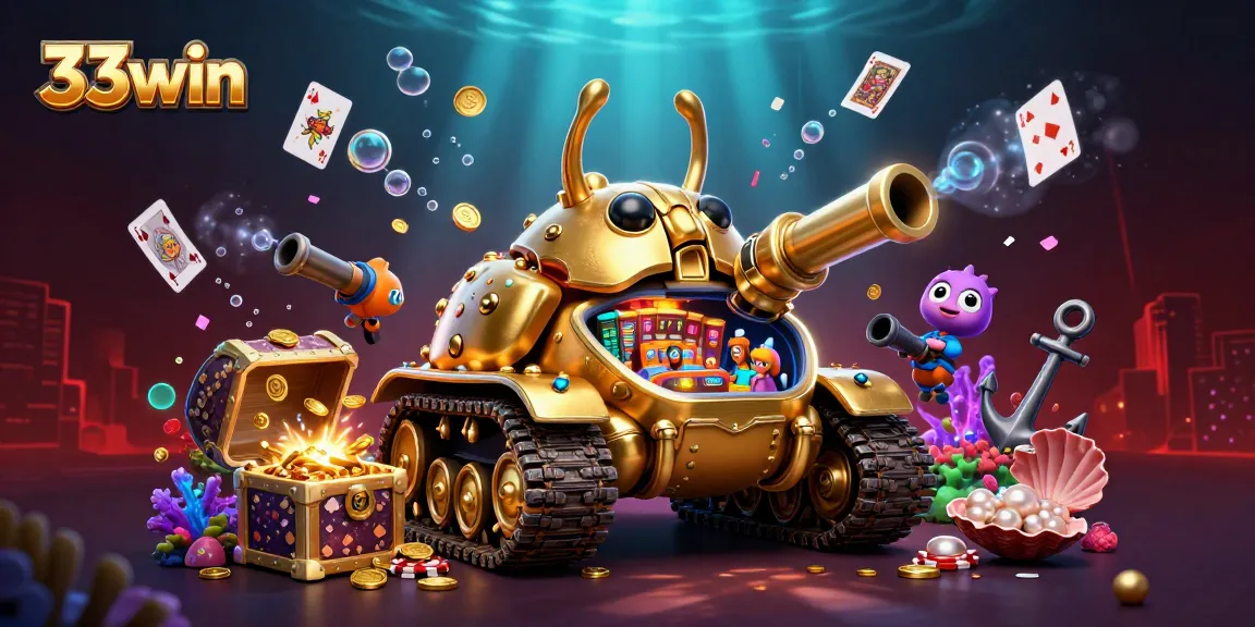 Experience the excitement of 33win with a vibrant casino scene featuring a golden beetle tank and dynamic game elements.