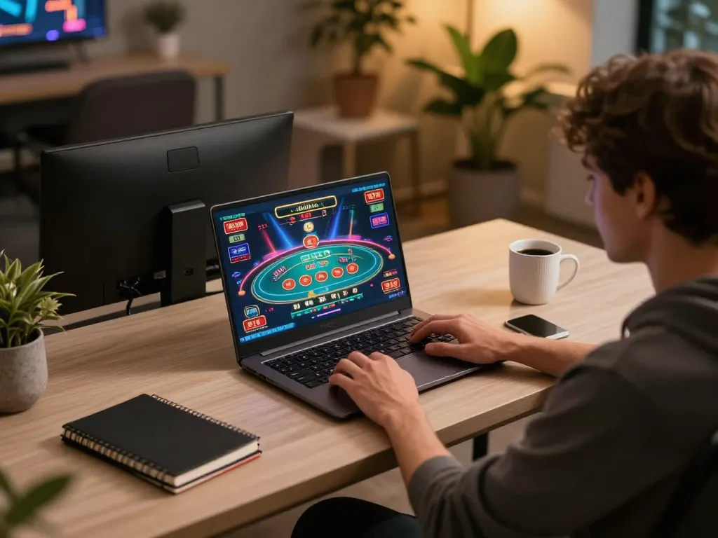 Person enjoying an online gambling session on a laptop at home, showcasing the joys of KJC gaming.