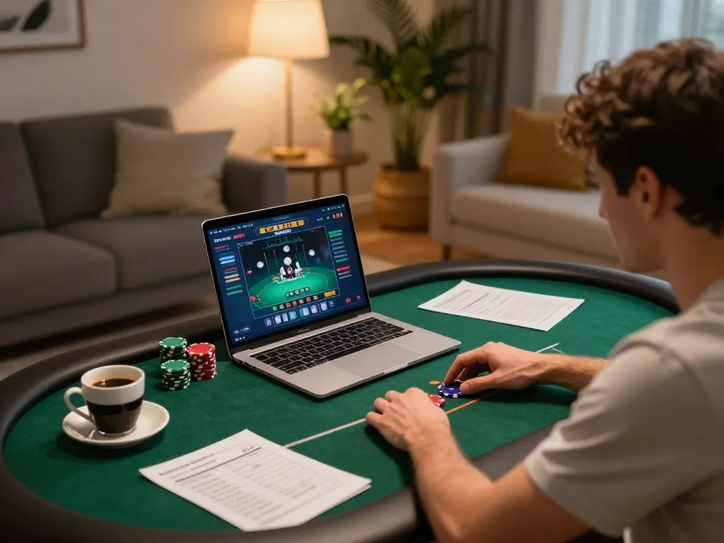 CM88 player engaging in strategic poker gameplay at home with notes and laptop on the table.