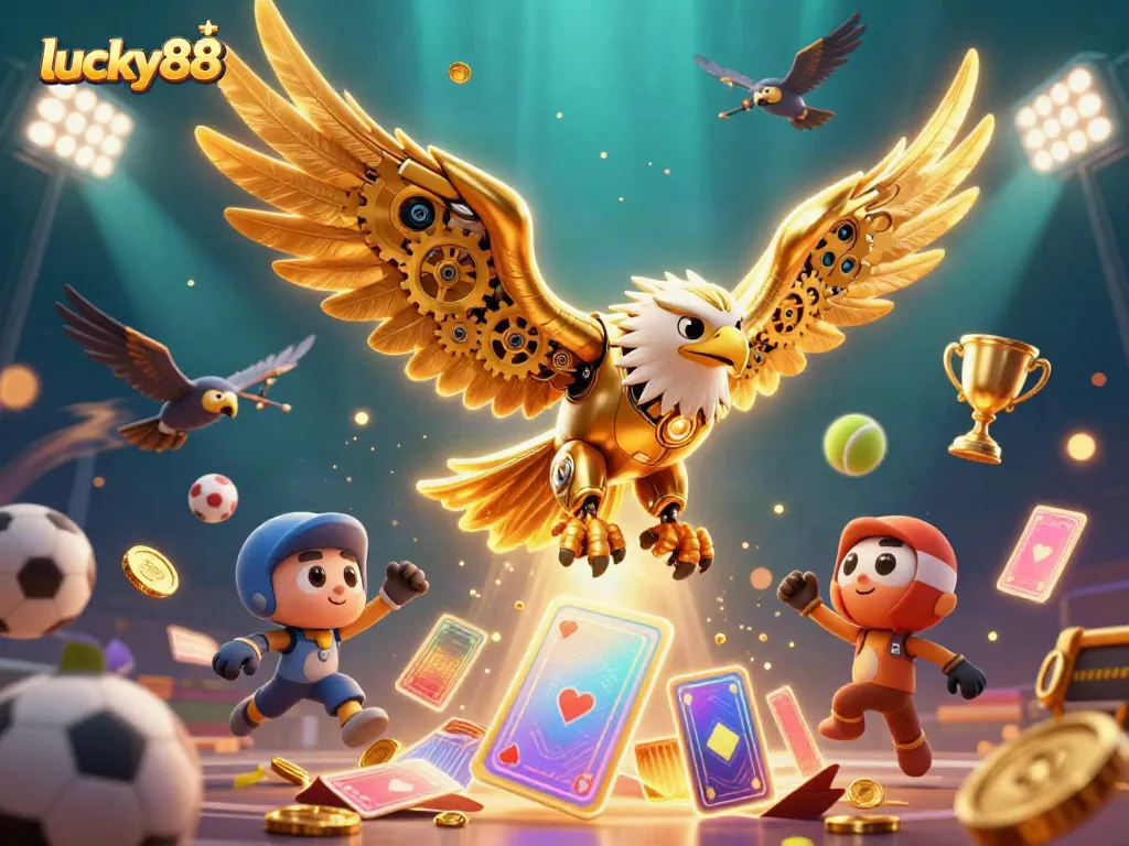 Experience thrilling action at lucky88 with a cybernetic eagle diving through holographic cards.