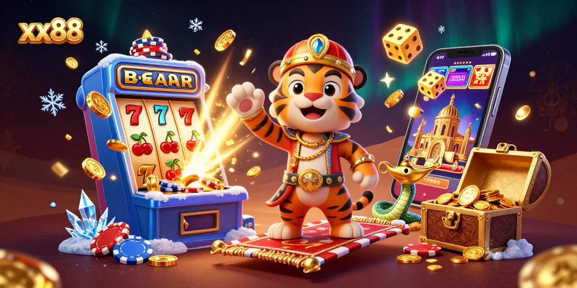 Play exciting games at xx88 with a vibrant scene of a tiger sultan, slots, and dynamic casino action.
