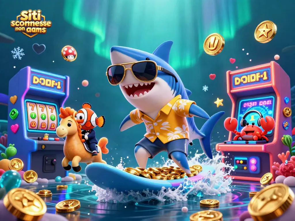 Gioca su siti scommesse non aams con un'illustrazione 3D di un pescecane e un granchio DJ.