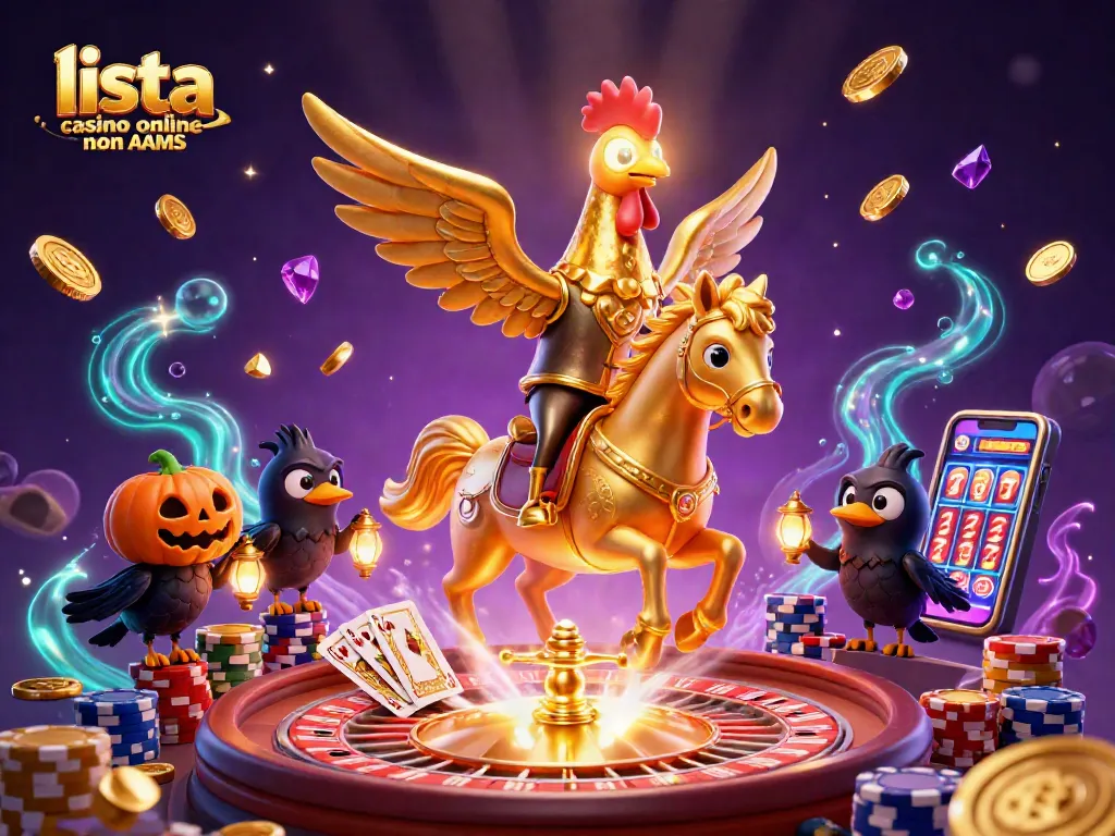 Scopri la lista casino online non AAMS con un'illustrazione vivace e dinamica di personaggi del casinò.