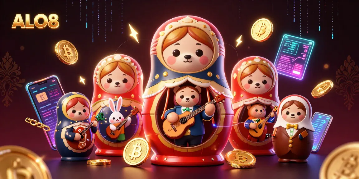 Experience ALO8 with engaging characters in a vibrant casino-themed 3D digital illustration.