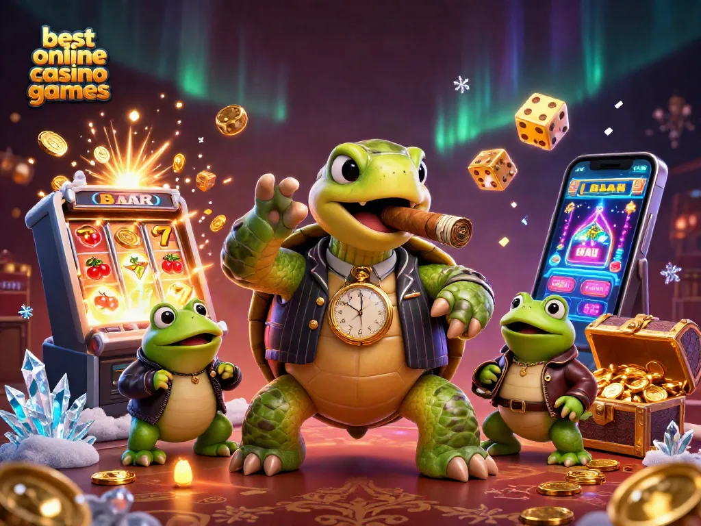 Experience the best online casino games with a dynamic scene of a mobster turtle and bullfrog enforcers.