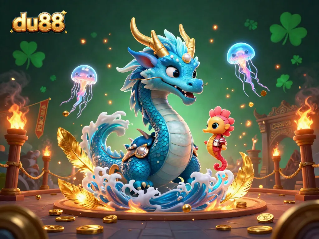 Win big at du88 with a dynamic 3D illustration of a vivid ocean dragon and seahorse in a gaming arena.
