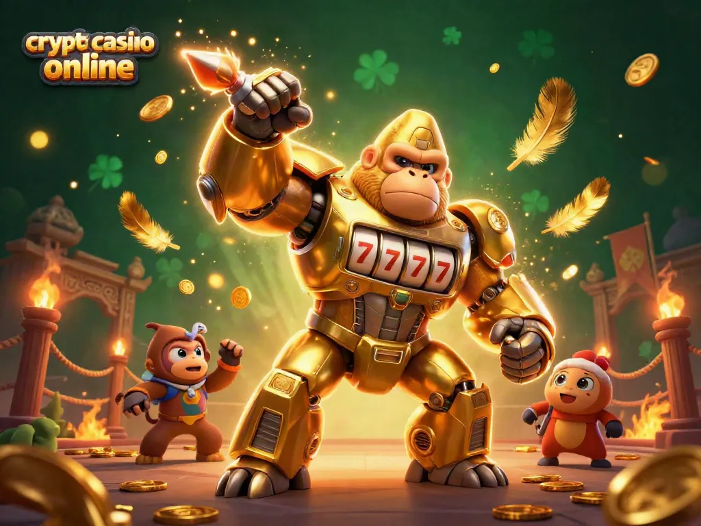 Gioca in un crypto casino online con il gorilla robot d'oro, che lancia monete e vibra di energia.