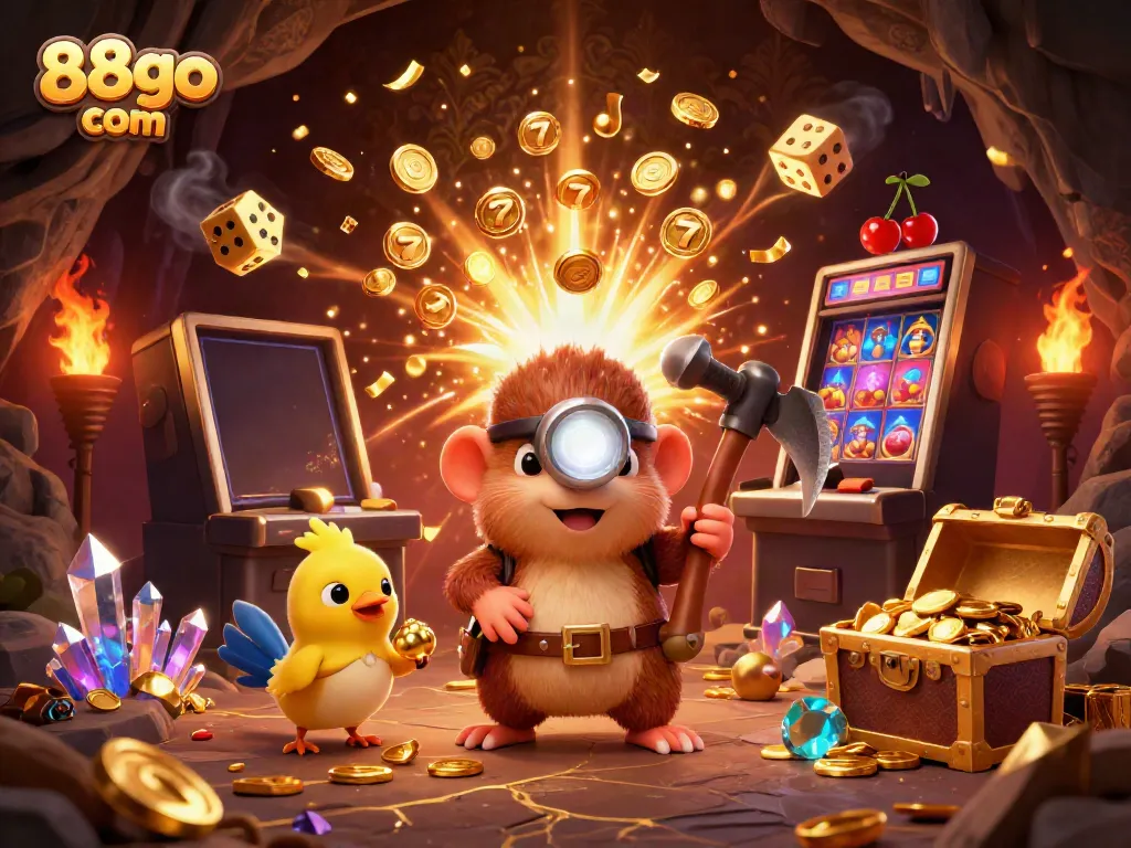 Engage with vibrant casino action in the captivating illustration of 88go com, featuring a treasure hunter and dynamic gaming elements.