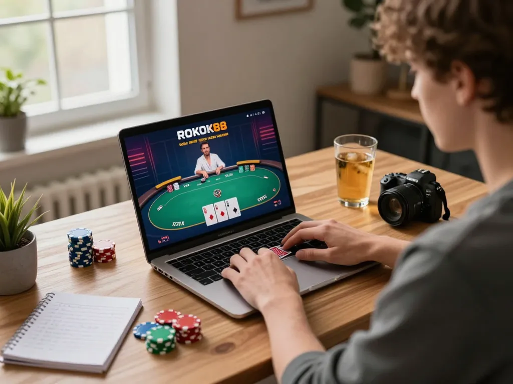 Person focusing on ROKOK88 online poker game at home, showcasing casual gaming experience.