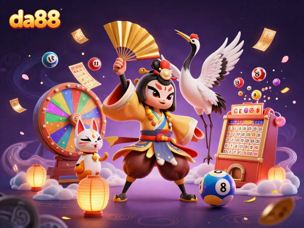 Engage in thrilling gameplay at da88 with vibrant 3D illustrations of kabuki warrior and lottery elements.
