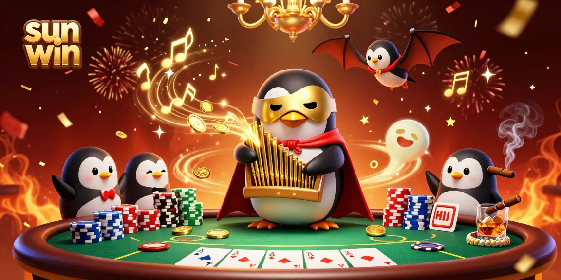 Experience thrilling gameplay at sun win with a dynamic scene of colorful characters, coins, and poker elements.