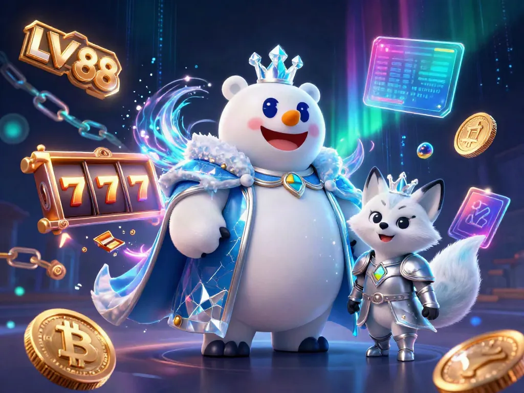 Engage with LV 88 while enjoying a rich, vibrant 3D casino scene featuring slot reels and crypto elements.