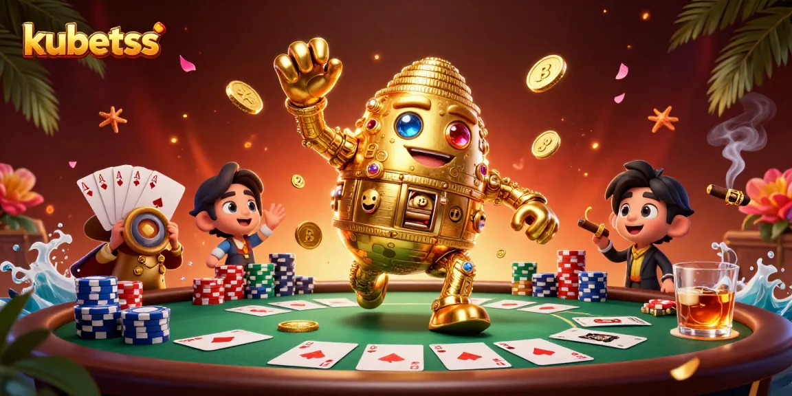Engage in thrilling action at kubetss with a colorful 3D casino scene featuring a golden golem and poker elements.