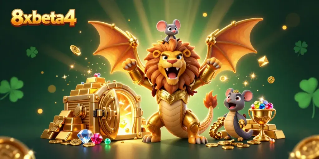 Experience winning with 8xbeta4 as the chimera creature triumphantly guards treasures and casino elements.