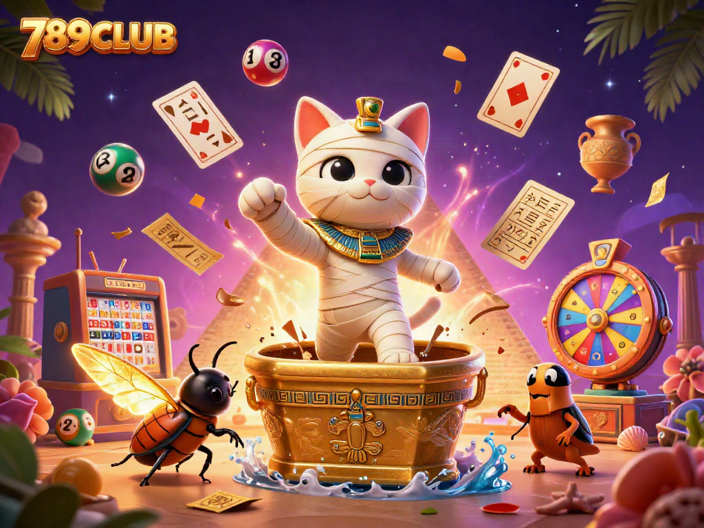 Experience thrilling gameplay with 789CLUB as the Egyptian mummy cat bursts from its sarcophagus in a vibrant casino scene.
