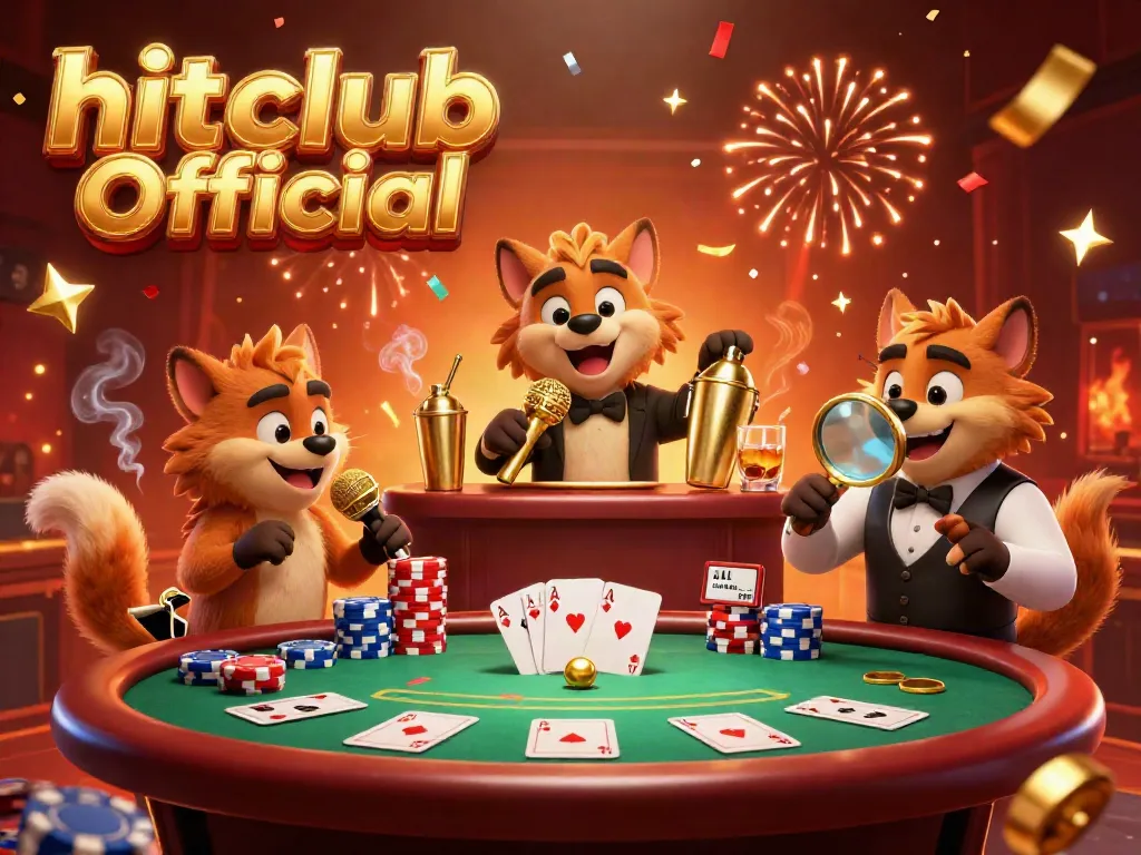 Experience hitclub Official with a vibrant casino scene featuring 3D hyenas, poker elements, and festive celebrations.