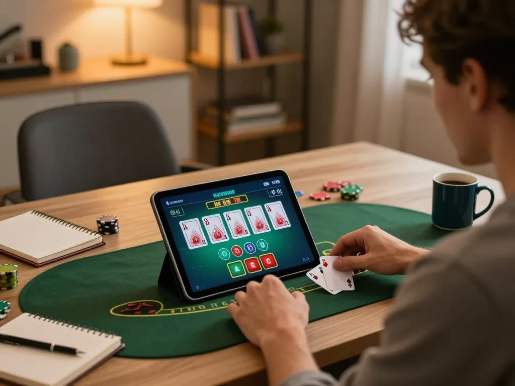 Engaging in rokok88 login at home on a tablet while playing live dealer blackjack, cozy gaming setup.