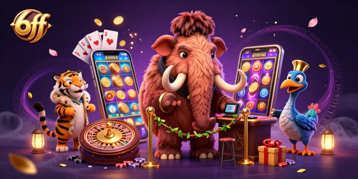 Experience thrilling gameplay at 6ff with a dynamic casino scene featuring a woolly mammoth bouncer and a saber-tooth tiger VIP.