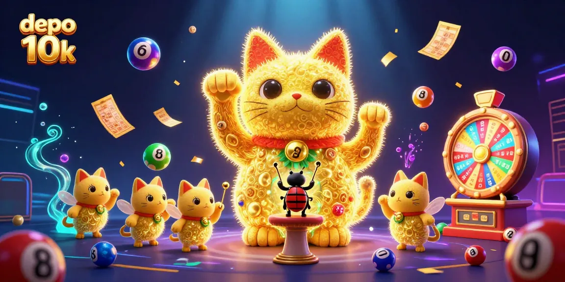 Play the exciting depo 10k slots featuring a lucky cat and vibrant lottery balls.