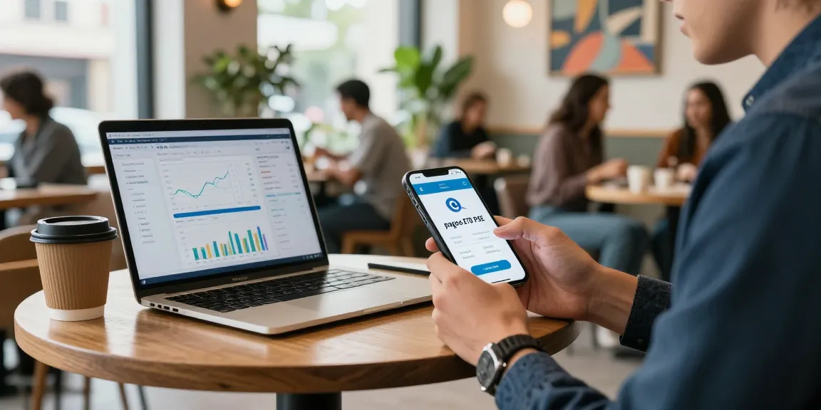 Persona utilizando la app 'pagos etb pse' en una moderna cafetería mientras revisa análisis financieros.