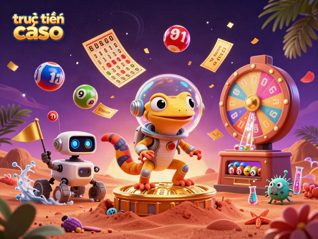 Khám phá trực tuyến casino với một chú thằn lằn vũ trụ và các yếu tố trò chơi đầy màu sắc.
