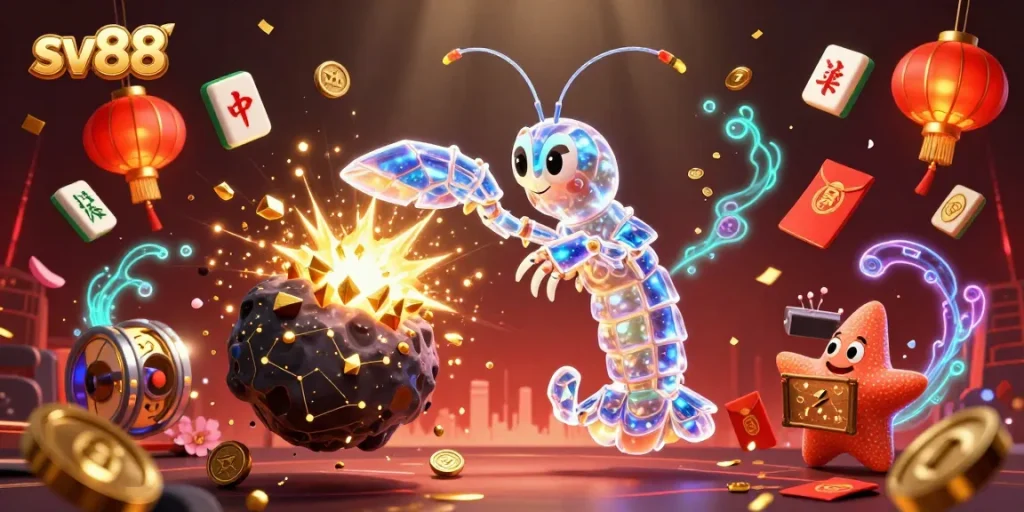 Engage with sv88's thrilling slots as a radiant mantis shrimp battles asteroids in a vibrant casino world.
