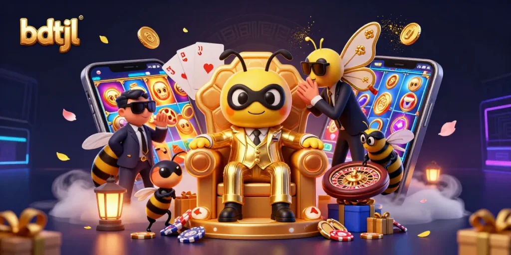 Experience the thrill of bdtjl with a vibrant 3D casino scene featuring a bumblebee mob boss and exciting slot games.
