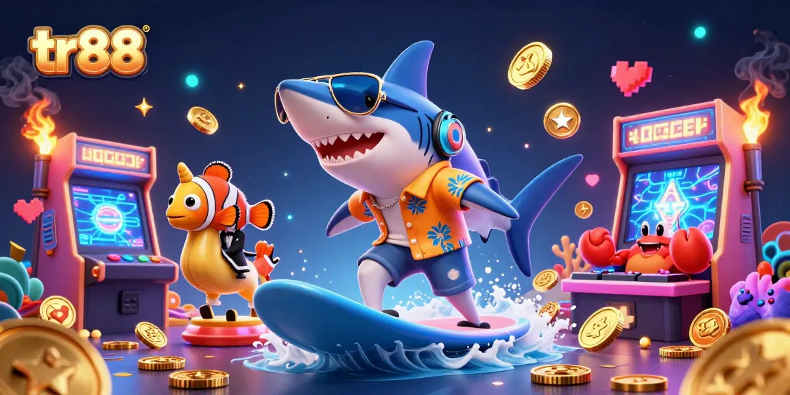 Engage with tr88 casino fun as a shark surfs gold coins while characters enjoy gaming excitement.
