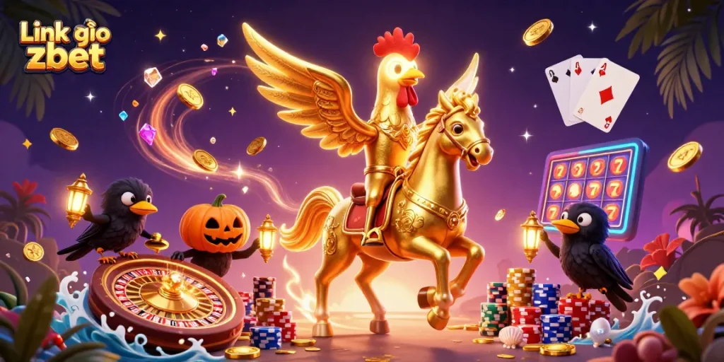 Experience the excitement with Link vào zbet featuring vivid casino elements and golden rooster characters.