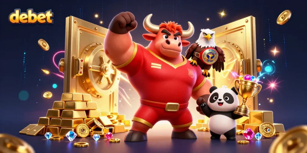 Experience debet with a cheerful panda, muscular bull, and eagle in a vibrant casino illustration.