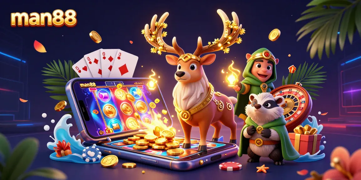 Engage with man88's exciting 3D casino illustration showcasing vibrant slots and cheerful characters.