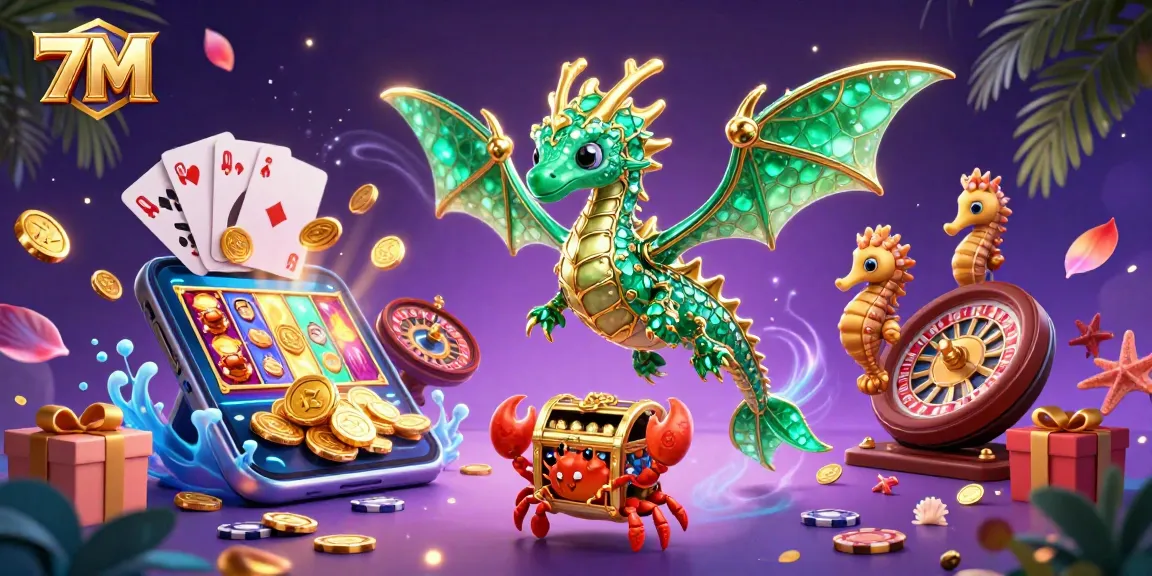 Bet on 7M with the 3D sea dragon amidst vibrant slot game excitement and treasure.