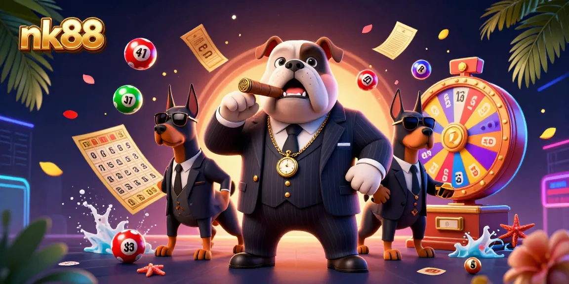 Experience winning excitement at nk88 with cartoon mafia boss gambling scene featuring vibrant lotto elements.