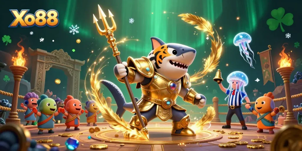 Xo88 features a 3D tiger shark gladiator in an underwater colosseum for a thrilling gambling experience